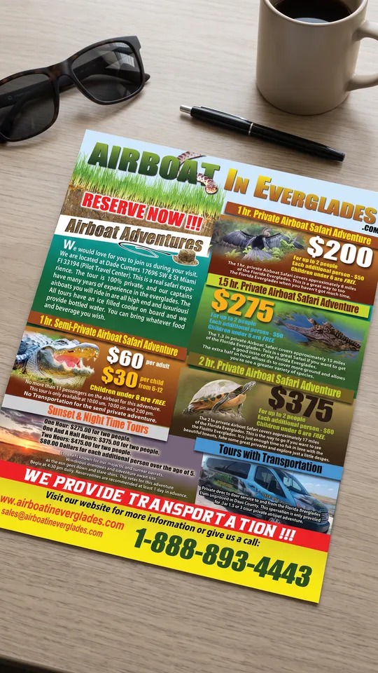 Airboat In Everglades flyer with airboat adventure prices and transportation, 1-888-893-4443