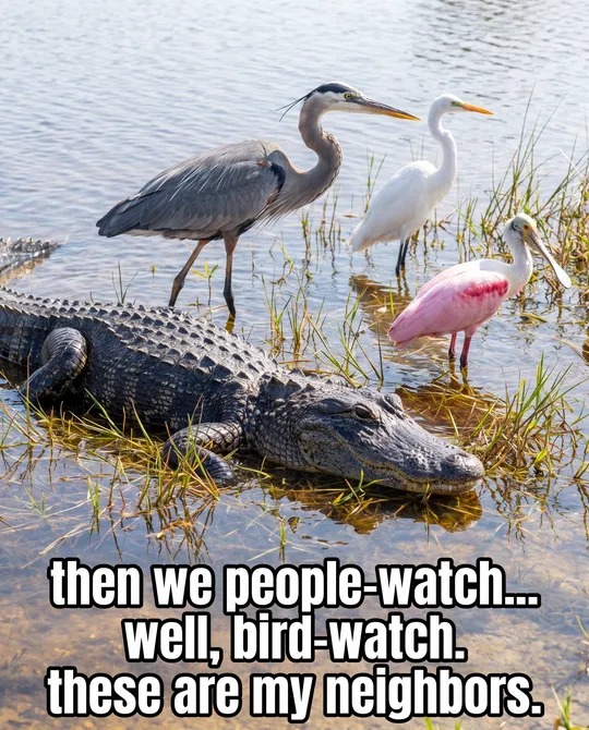 Great blue heron, egret and roseate spoonbill beside an alligator in the Everglades