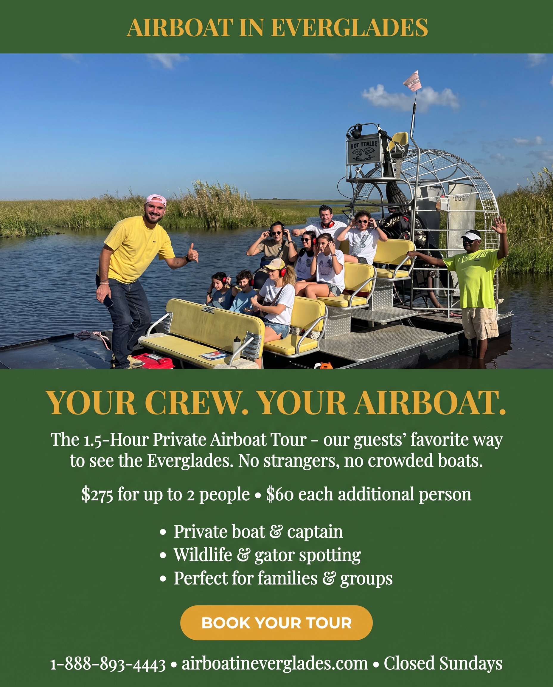 Private 1.5-hour Everglades airboat tour for families and groups, Airboat in Everglades