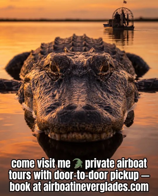 Alligator at sunset with an airboat in the distance, Everglades private tour