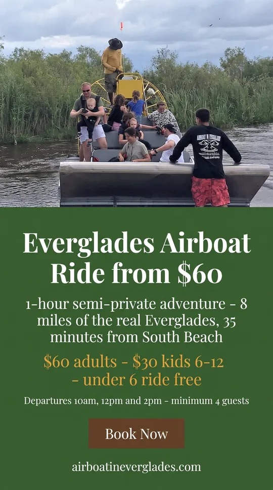 Everglades airboat ride from $60: 1-hour semi-private adventure, 8 miles of the real Everglades, 35 minutes from South Beach